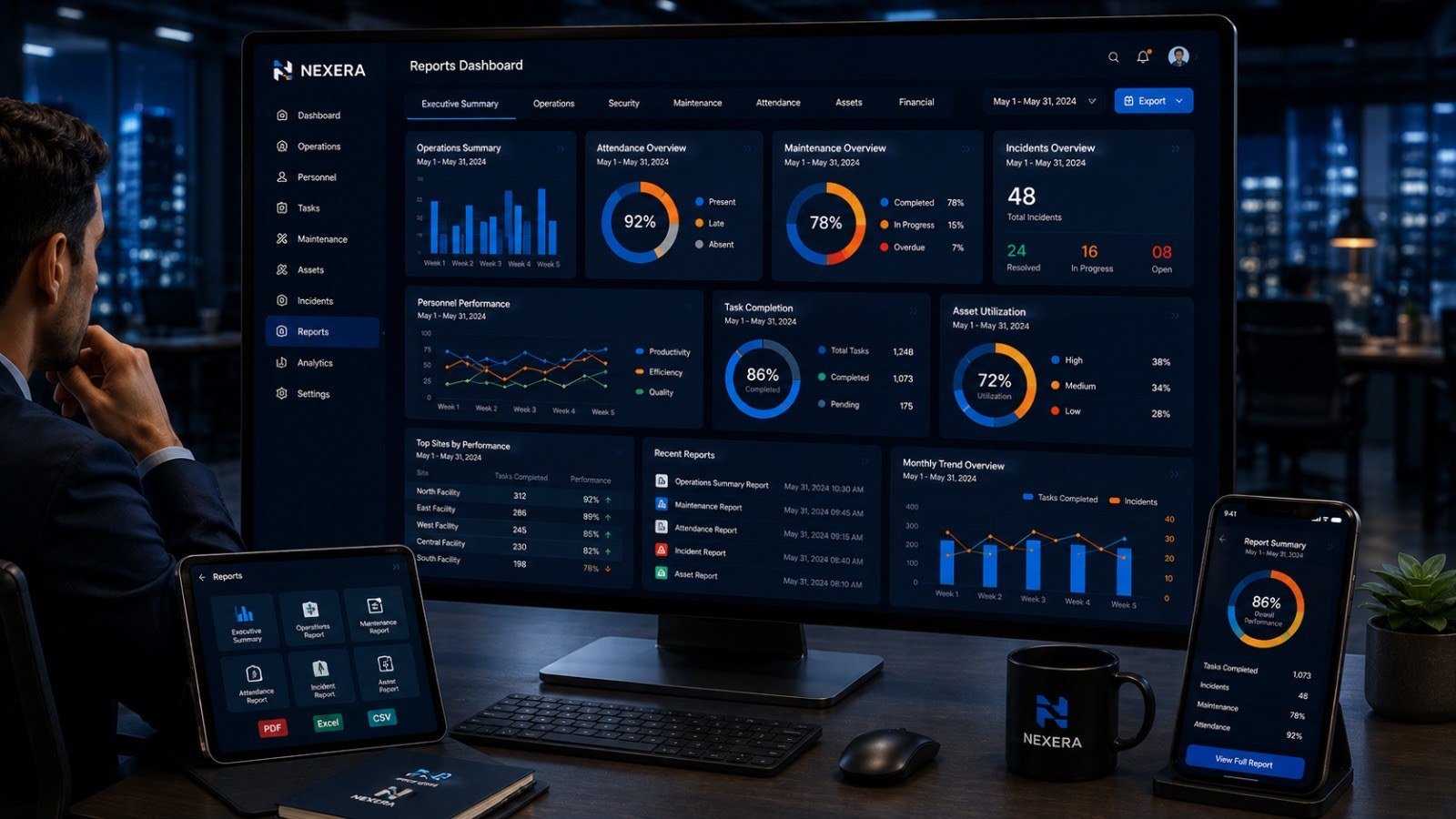 Nexera reports dashboard with exportable reports.