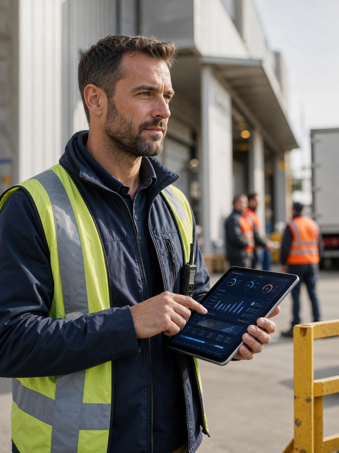A field operations supervisor using Nexera on a tablet at an active logistics site