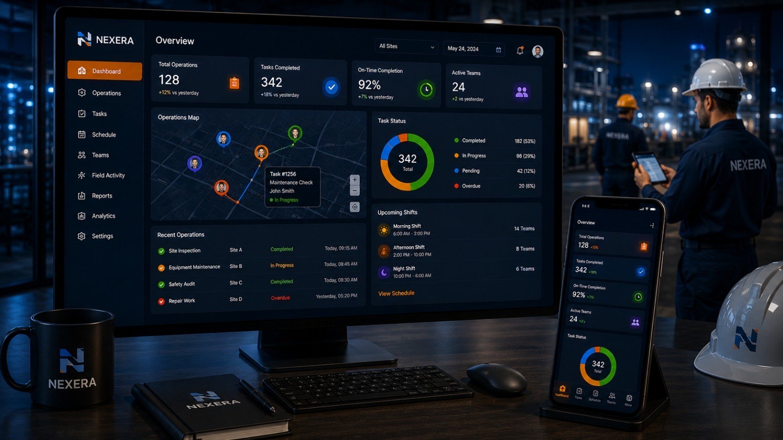 Nexera operations management dashboard showing task overview, an operations map, and team status on desktop and mobile.