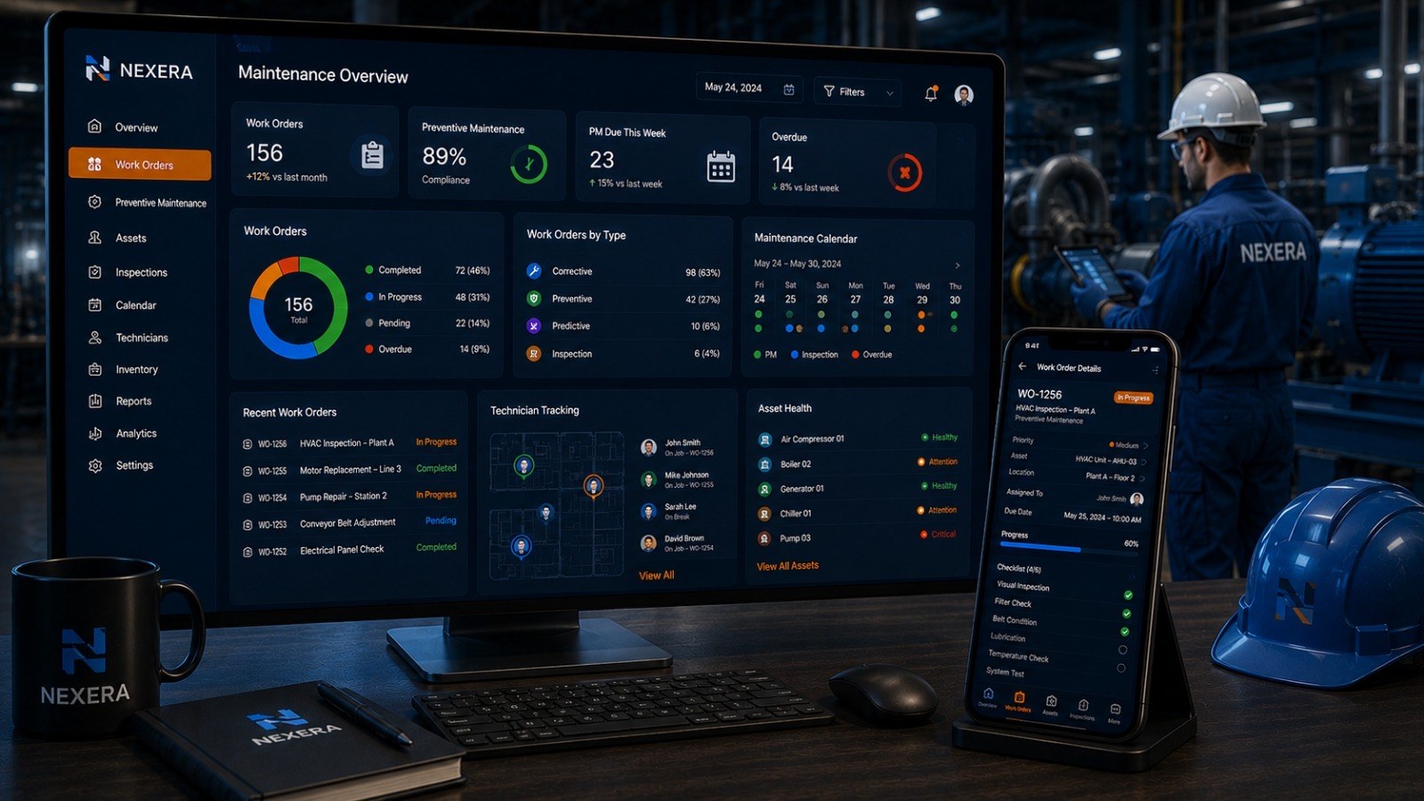 Nexera maintenance management dashboard with work orders, preventive maintenance, and technician tracking.