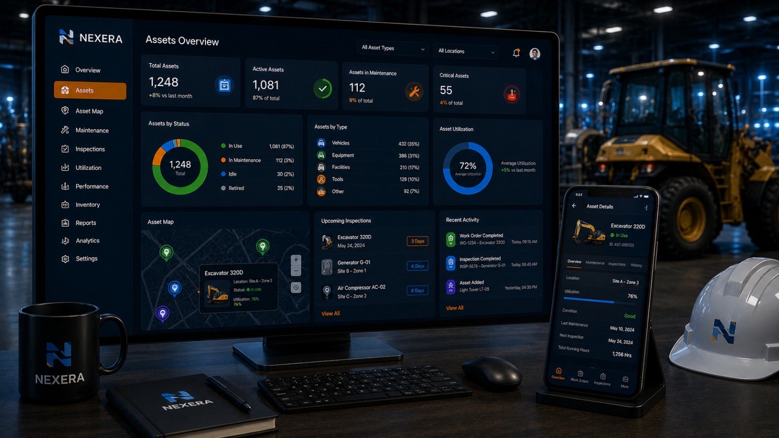 Nexera asset management dashboard tracking assets by status, utilization, and upcoming inspections.