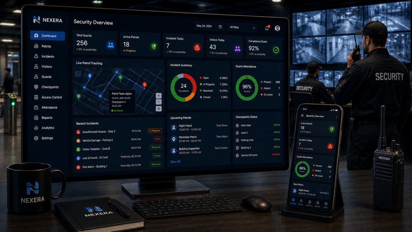 Nexera security management dashboard with live patrol tracking, guard attendance, and an incident summary.