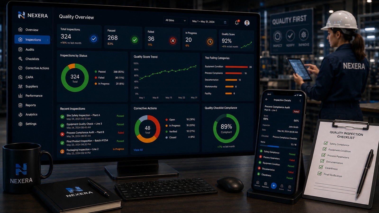 Nexera quality management dashboard showing inspections, quality score trends, and corrective actions.